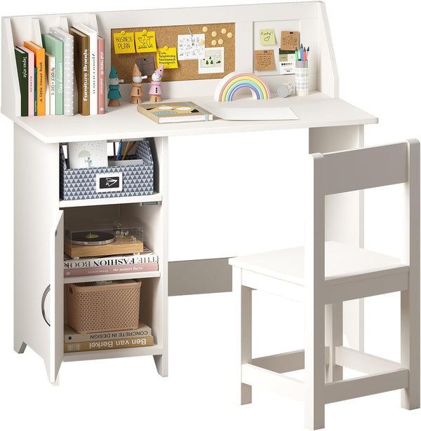 White Kids Study Desk with Chair, Wooden Kids Study Desk and Chair Set, Study Table for Boys and Girls, Kids Computer with Storage Drawers, Bookshelf and Bullentin Board