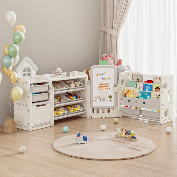 Kids Toy Storage Organizer with 10 Removable Bins, Foldable Toy Organizers and Storage with 3-Tier Bookshelf for Kids Toy Storage Organizer with Drawing Board
