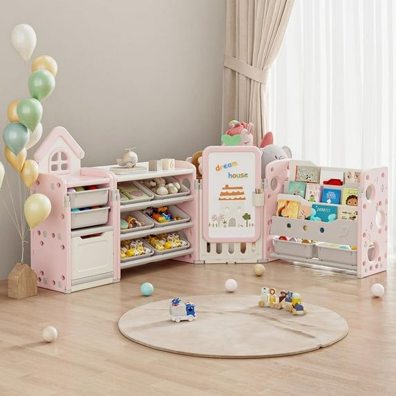 Kids Toy Storage Organizer with 3-Tier Bookshelf, Collapsible, 87.4W x 12.6D x 35.8H", with Removable Bins, Drawing Board & 3 Brushes