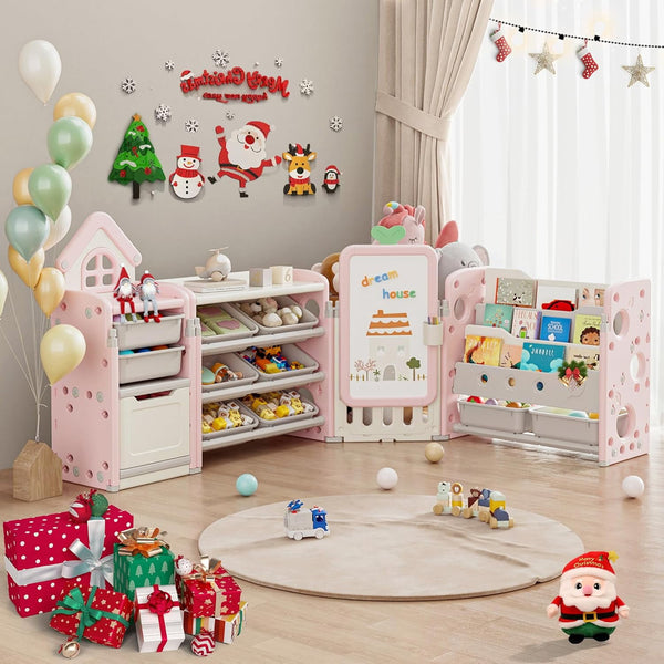 ICEELF Kids Toy Storage Organizer with 10 Removable Bins, Foldable Toy Organizers and Storage with 3-Tier Bookshelf for Kids Toy Storage Organizer with Drawing Board, Extra 3 Brushes