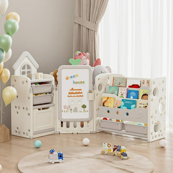 Kids Toy Storage Organizer with 10 Removable Bins, Foldable Toy Organizers and 3-Tier Bookshelf, White