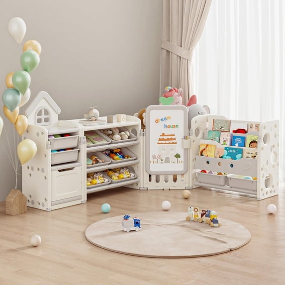 Kids Toy Storage Organizer with 3-Tier Bookshelf, Collapsible, 87.4W x 12.6D x 35.8H", with Removable Bins, Drawing Board & 3 Brushes