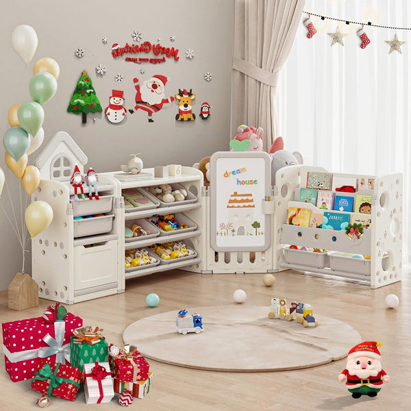 ICEELF Kids Toy Storage Organizer with 3-Tier Bookshelf, Collapsible, 87.4W x 12.6D x 35.8H", with Removable Bins, Drawing Board & 3 Brushes