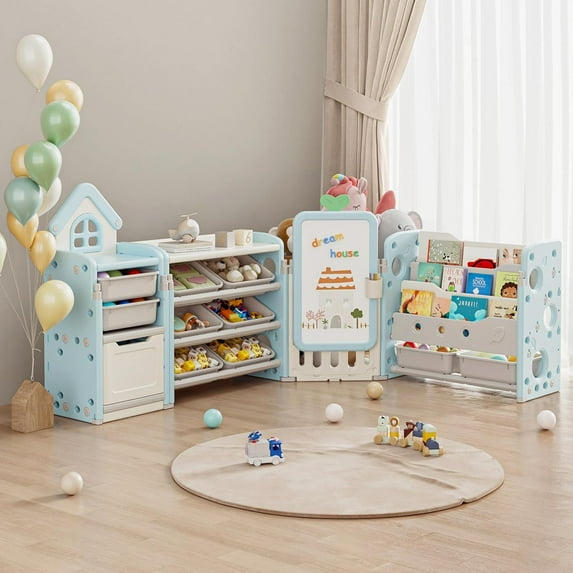 Kids Toy Storage Organizer with 3-Tier Bookshelf, Collapsible, 87.4W x 12.6D x 35.8H", with Removable Bins, Drawing Board & 3 Brushes