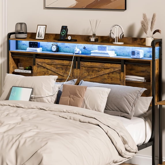 NEORIVER King Size Headboard with Storage, 3-Tier King Headboard with Outlets, USB Ports and LED Light, Storage King Size Headboard Only with Sliding Barn Doors, Width Adjustable