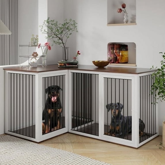 NEORIVER Large Dog Crate Furniture for 2 Dogs, 80.7" Large Dog Kennel Furniture with Dividers and Double Doors, All Steel Frame Double Dog Crate