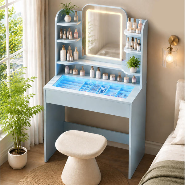 ICEELF Small Vanity Desk for Girls with Tempered Glass Top, Smart RGB Drawer, APP & Remote, 6000+ Colors, Music Sync, Timer, 3-Color LED Mirror, 5 Shelves, Blue