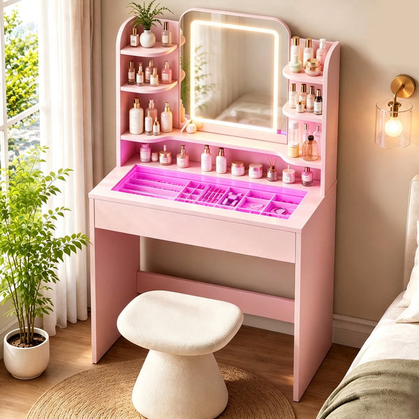 ICEELF Small Vanity Desk for Girls with Tempered Glass Top, Smart RGB Drawer, APP & Remote, 6000+ Colors, Music Sync, Timer, 3-Color LED Mirror, 5 Shelves, Pink