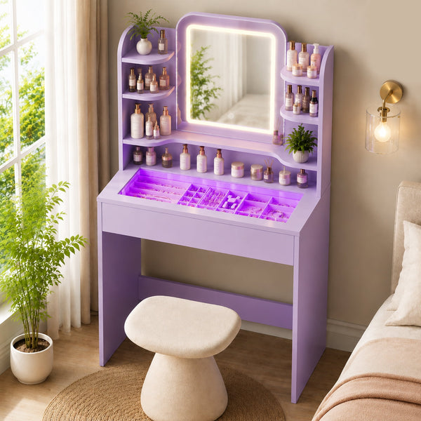 ICEELF Small Vanity Desk for Girls with Tempered Glass Top, Smart RGB Drawer, APP & Remote, 6000+ Colors, Music Sync, Timer, 3-Color LED Mirror, 5 Shelves, Purple