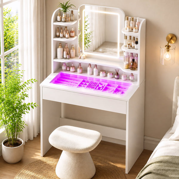 ICEELF Small Vanity Desk for Girls with Tempered Glass Top, Smart RGB Drawer, APP & Remote, 6000+ Colors, Music Sync, Timer, 3-Color LED Mirror, 5 Shelves, White