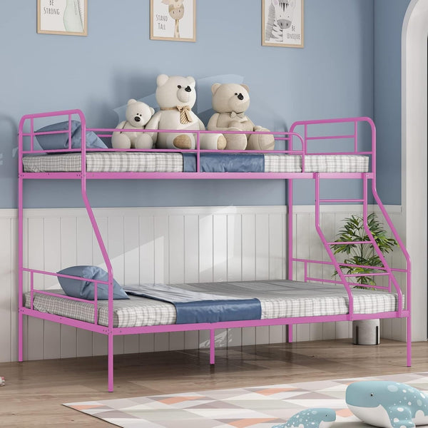 Twin Over Full Bunk Bed Frame, Bunk Beds Twin Over Full with Guardrail & Ladder for Boys, Girls, Teens, Space-Saving, No Box Spring Needed, Noise Free