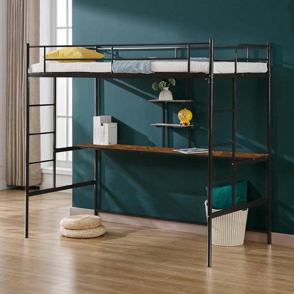Twin Size Loft Bed Frame with Desk Metal, Multifunctional Loft Bed Frame with Safety Ladder & Guardrail, Space-Saving, No Box Spring Needed
