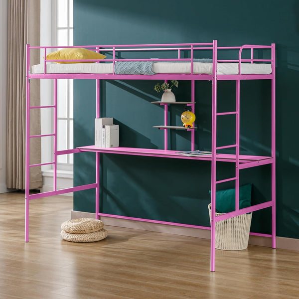 Twin Size Loft Bed Frame with Desk Metal, Multifunctional Loft Bed Frame with Safety Ladder & Guardrail, Space-Saving, No Box Spring Needed