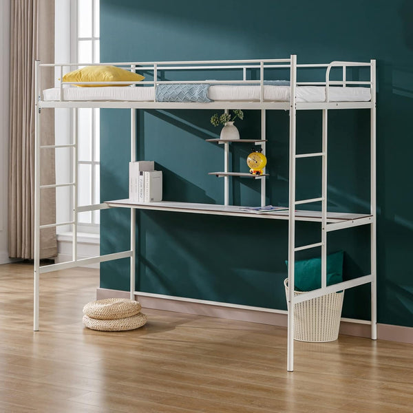 Twin Size Loft Bed Frame with Desk Metal, Multifunctional Loft Bed Frame with Safety Ladder & Guardrail, Space-Saving, No Box Spring Needed