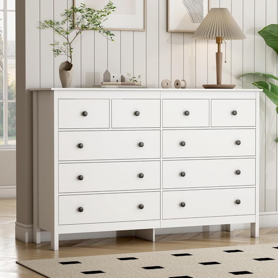NEORIVER White Dresser, 10 Drawer Dresser, 55" Modern Wooden Dressers Chests of Drawer, 10 Drawers Wide Dresser for Bedroom