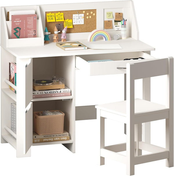 White Kids Study Desk with Chair, Wooden Kids Study Desk and Chair Set, Study Table for Boys and Girls, Kids Computer with Storage Drawers, Bookshelf and Bullentin Board