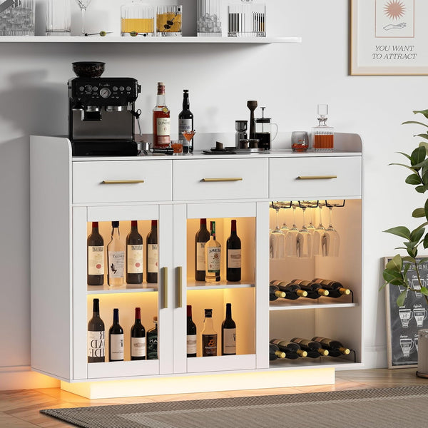 Wine Bar Cabinet with LED Strip, 46.1" Wine Cabinet with 3 Drawers and Power Outlet, Modern Liquor Cabinet with 2 Adjustable Shelves and Glass Doors for Dining, Living Room