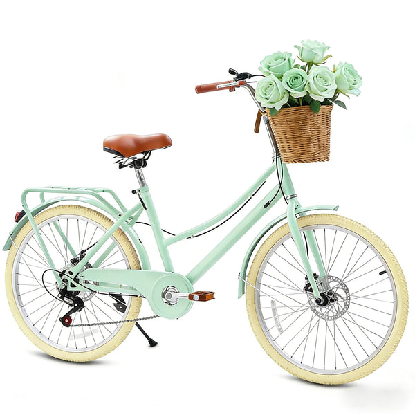 Kids Bike for Girls, Akaber 24 Inch Kids Bicycles for 6-15, 7-Speed Retro Cruiser with Rattan Basket, Lightweight Carbon Steel Frame, Dual Disc Brakes