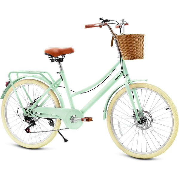 Kids Bike for Girls, Akaber 24 Inch Kids Bicycles for 6-15, 7-Speed Retro Cruiser with Rattan Basket, Lightweight Carbon Steel Frame, Dual Disc Brakes
