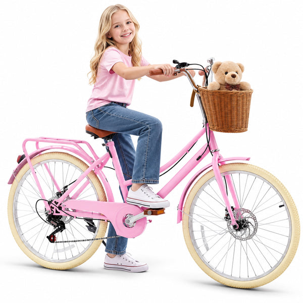 Kids Bike for Girls, Akaber 20 Inch Kids Bicycles for 6-15, 7-Speed Retro Cruiser with Rattan Basket, Lightweight Carbon Steel Frame, Dual Disc Brakes