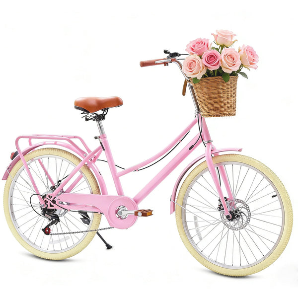 Kids Bike for Girls, Akaber 24 Inch Kids Bicycles for 6-15, 7-Speed Retro Cruiser with Rattan Basket, Lightweight Carbon Steel Frame, Dual Disc Brakes