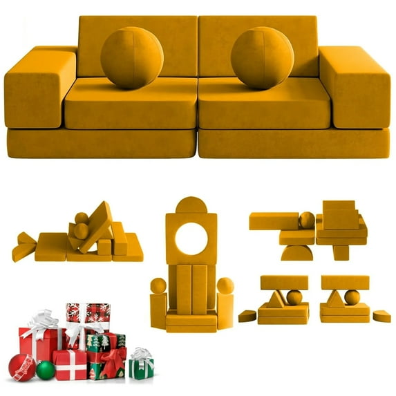 Kids Couch, 12PCS Toddler Couches Fold Out with 2 Balls and Tunnel, Modular Kids Couch for Playroom, Kids Sofa Play Couch for Kickball Game, Pitching Game, 30+ Creative Gameplay Couch for Kids