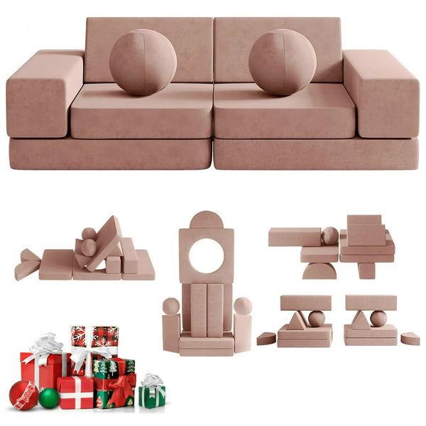 Kids Couch, 12PCS Toddler Couches Fold Out with 2 Balls and Tunnel, Modular Kids Couch for Playroom, Kids Sofa Play Couch for Kickball Game, Pitching Game, 30+ Creative Gameplay Couch for Kids