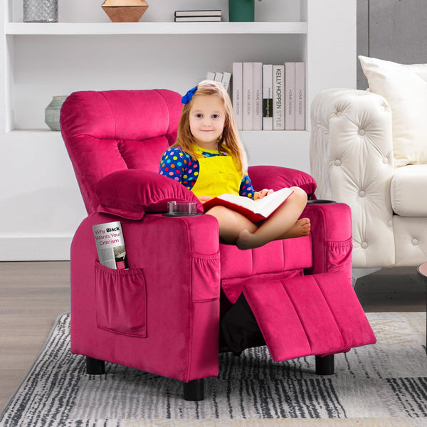 Wanan Kids Recliner Chair, Adjustable Velvet Lounge with Cup Holder, Footrest and Side Pockets, Pink