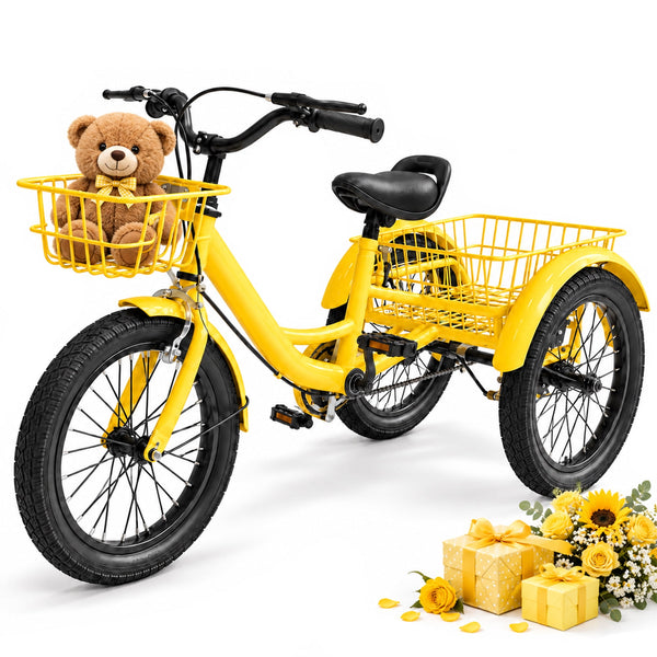 Kids Tricycle for Boys Ages 2-4, Akaber 12" Tricycle for Kids with 2 Storage Baskets, Dual Handbrake, Yellow