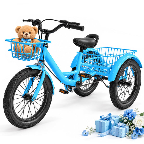 Kids Tricycle for Boys Ages 4-9, Akaber 16" Tricycle for Kids with 2 Storage Baskets, Dual Handbrake, Blue