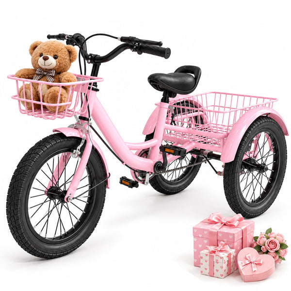 Kids Tricycle for Girls Ages 2-4, Akaber 12" Tricycle for Kids with 2 Storage Baskets, Dual Handbrake, Pink