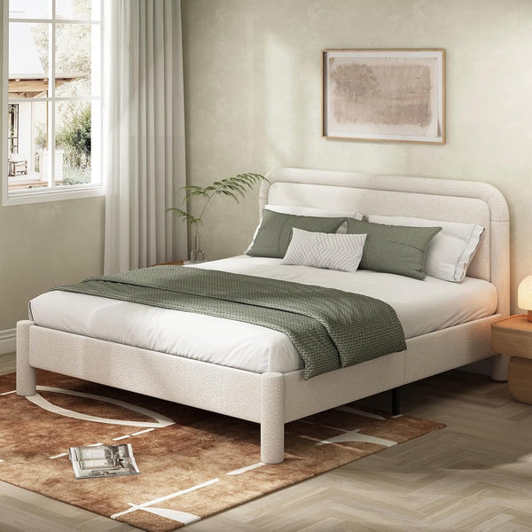 King Size Soft Bed Frame, Pipleo Boucle Bed Frame with Headborad, Upholstered Platform Bed Frame with Rounded Corners, No Box Spring Required, Easy Assembly, Cream