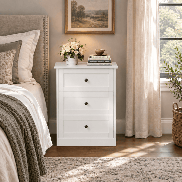 LINOR Nightstand Set of 2 with Hidden Compartment, 4 Drawers, 19"W x 15"D x 25.2"H, Farmhouse Bedside Table, Modern Storage Cabinet