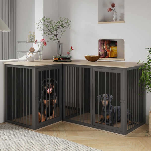 Large Dog Crate Furniture for 2 Dogs, Linor Large Dog Kennel Furniture with Divider, Double Doors, Wooden Double Dog Crate, 80.7 x 23.6 x 31.4 inches (Black)