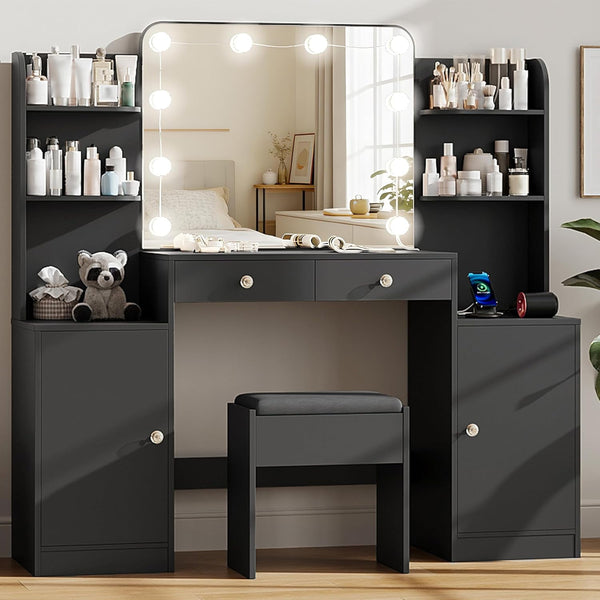 Wanan 53" Makeup Vanity Set with Chair, Large Vanity Desk with Mirror, Lights, Charging Station