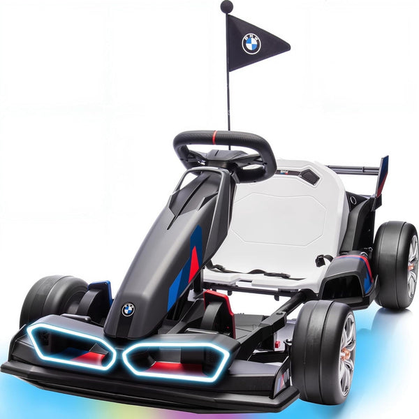 Licensed BMW 24V 9AH Electric Go Kart with Adjustable Seat, 7.5 MPH Drift Kart for Kids Age 6-12, 2 * 200W Motors, Drift Mode and 2 Speed, Gray