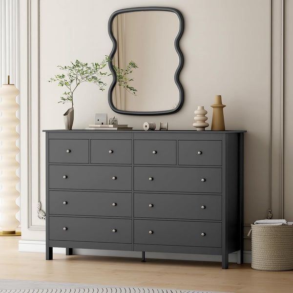 Akaber 10 Drawer Dresser, 55" Modern White Dressers, Chest of Drawers, Wooden Wide Dresser for Bedroom, Living Room, Black