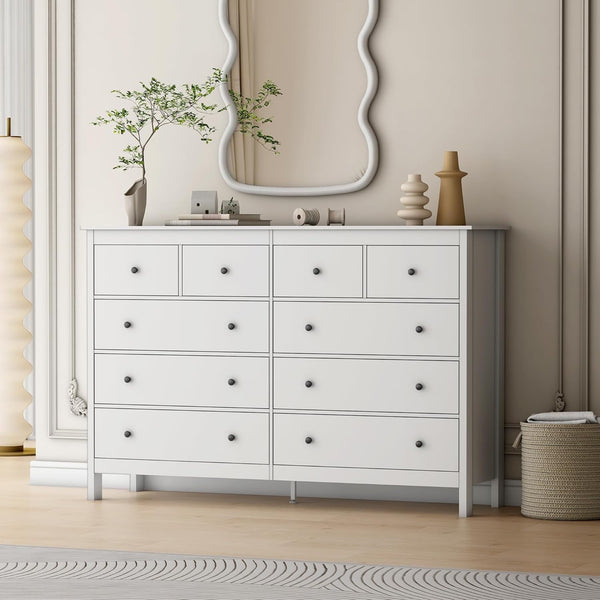 Akaber 10 Drawer Dresser, 55" Modern White Dressers, Chest of Drawers, Wooden Wide Dresser for Bedroom, Living Room, White