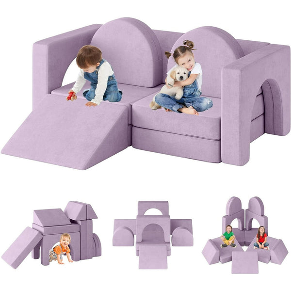 Linor 10PCS Modular Kids Play Couch, Kids Couch with Climbing Slope, Toddler Couch for Playing, Creating, Sleeping, Indoor Kids Sofa for Boys and Girls, Blueberry