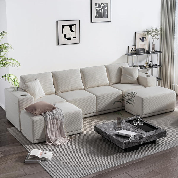 Linor 130" Modular Sectional Sofa, 4 Seats U Shaped Couch for Living Room, Modern Sectional Corduroy Sofa with Deep Seats, Living Room Furniture Set (Gray, 130.3" U-Shape)