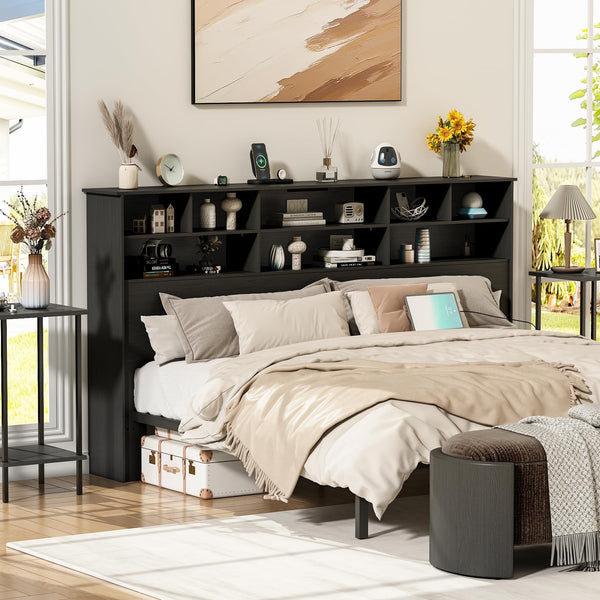 Linor 2 Tier Wood Bookcase Headboard for King Size Beds, Modern Bed Headboards & Footboards, Black