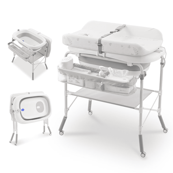 Linor 2-in-1 Baby Bathtub with Changing Table, Foldable Diaper Station with 4 Wheels with Waterproof Pad & Storage Rack, Adjustable Height, Portable Nursery Organizer for Newborn Infant