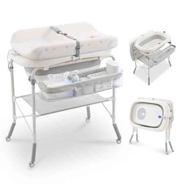 Linor 2-in-1 Baby Bathtub with Changing Table, Foldable Portable with Wheels, Waterproof Pad & Storage Rack for Newborns & Infants