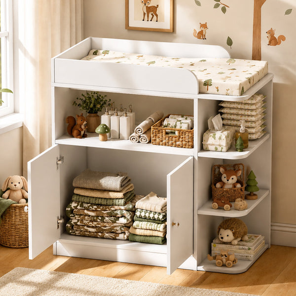 Linor Baby Changing Table, Multifunctional Nursery with 4 Open Shelves & Double-Door Cabinet, Storage Organizer for Nursery