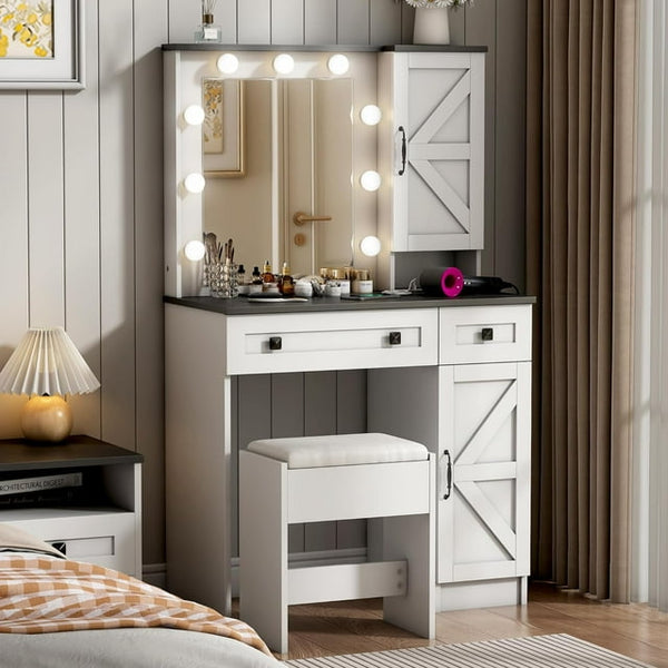 Linor 31.5" Makeup Vanity Desk with 2 Drawers, 2 Cabinets, 3 Color Lights, Mirror, 2 Power Outlet, Farmhouse White Vanity, Bedroom Vanity Desk for Women, Girls, White