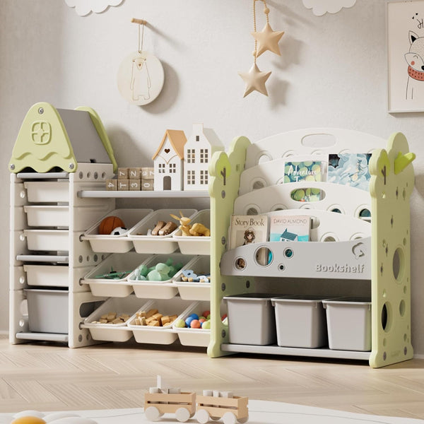 Linor Large Toddler Toy Chests with 17 Bins, Castle-Themed Storage, Beige, 17 Count