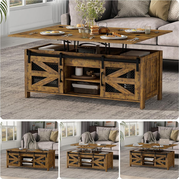 Linor 47.2" Lift Top Coffee Table, 4 in 1 Farmhouse Coffee Tables with Sliding Barn Door, Brown