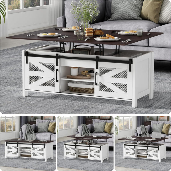 Linor 47.2" Lift Top Coffee Table, 4 in 1 Farmhouse Coffee Tables with Sliding Barn Door, White