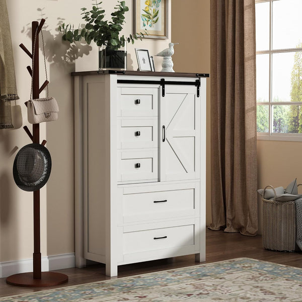 Linor 5 Drawer Dresser, 48" Farmhouse Chest of Drawers for Bedroom, Rustic Dresser TV Stand with 2 Shelves and Sliding Barn Door, Dresser Organizer for Living Room, Antique White