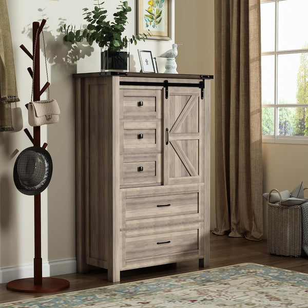 Linor 5 Drawer Dresser, 48" Farmhouse Chest of Drawers for Bedroom, Rustic Dresser TV Stand with 2 Shelves and Sliding Barn Door, Dresser Organizer for Living Room, Light Oak